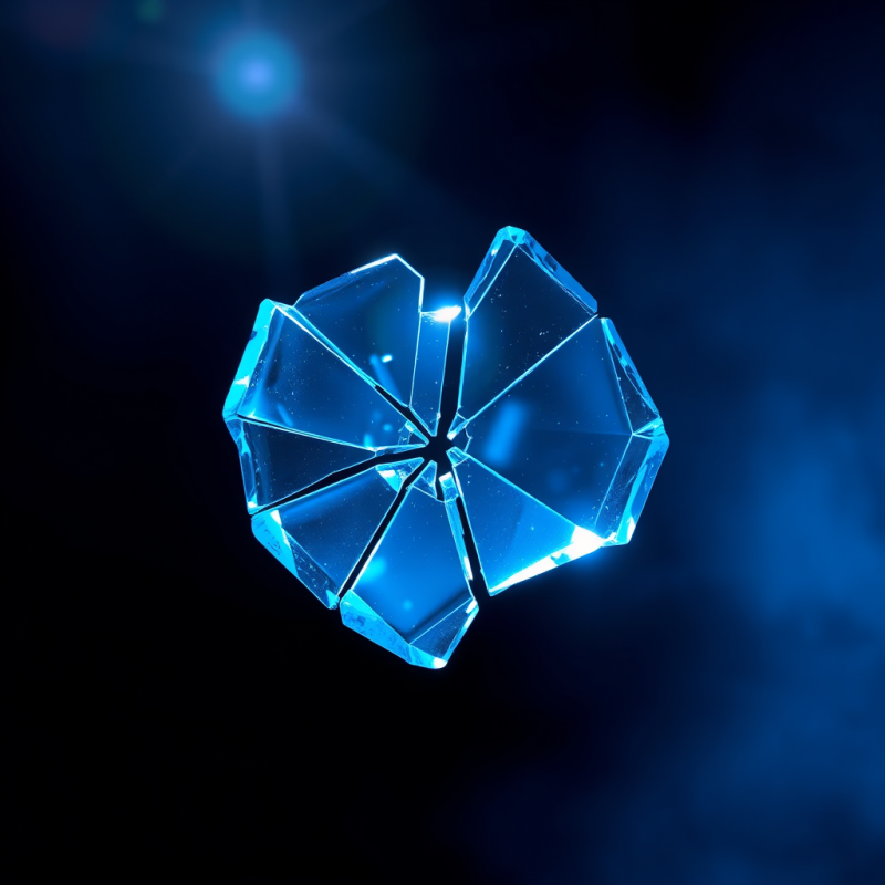 Close-up Macro of Fractured Neon-blue Glass Shards Susp...