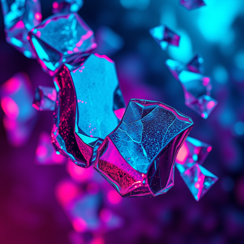 Close-up Macro of Fractured Neon-lit Glass Shards Suspend...