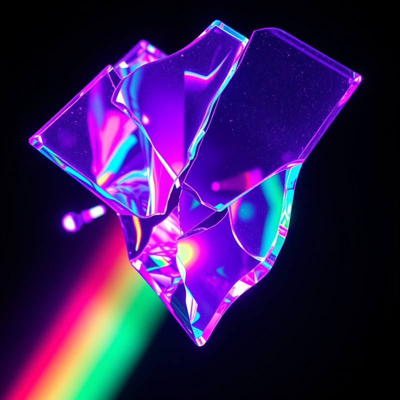 Close-up Macro of Fractured Neon-lit Glass Shards Suspend...