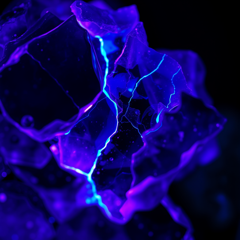 Close-up Macro of Fractured Obsidian Glass Under Neon Vio...
