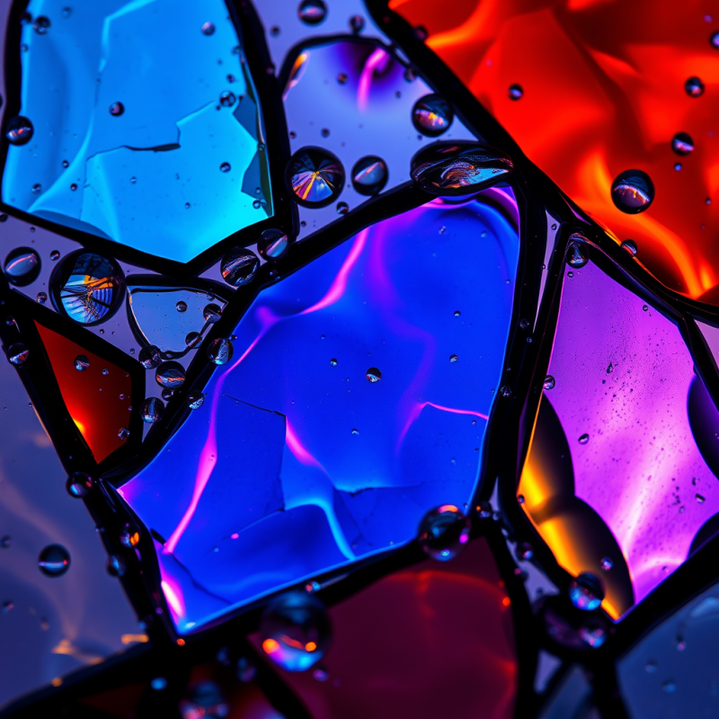 Close-up Macro of Fractured Stained-glass Fragments Suspe...
