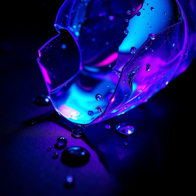 Close-up Macro Shot of a Shattered Neon-lit Glass Prism...