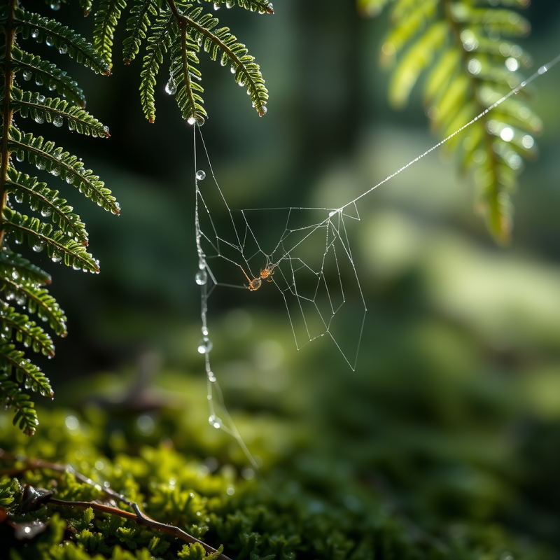 Close-up Macro Shot of Dew-covered Spider Silk Strung B...