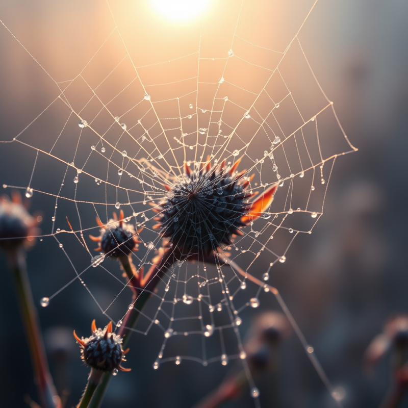 Close-up Macro Shot of Dew-covered Spiderwebs Glistenin...