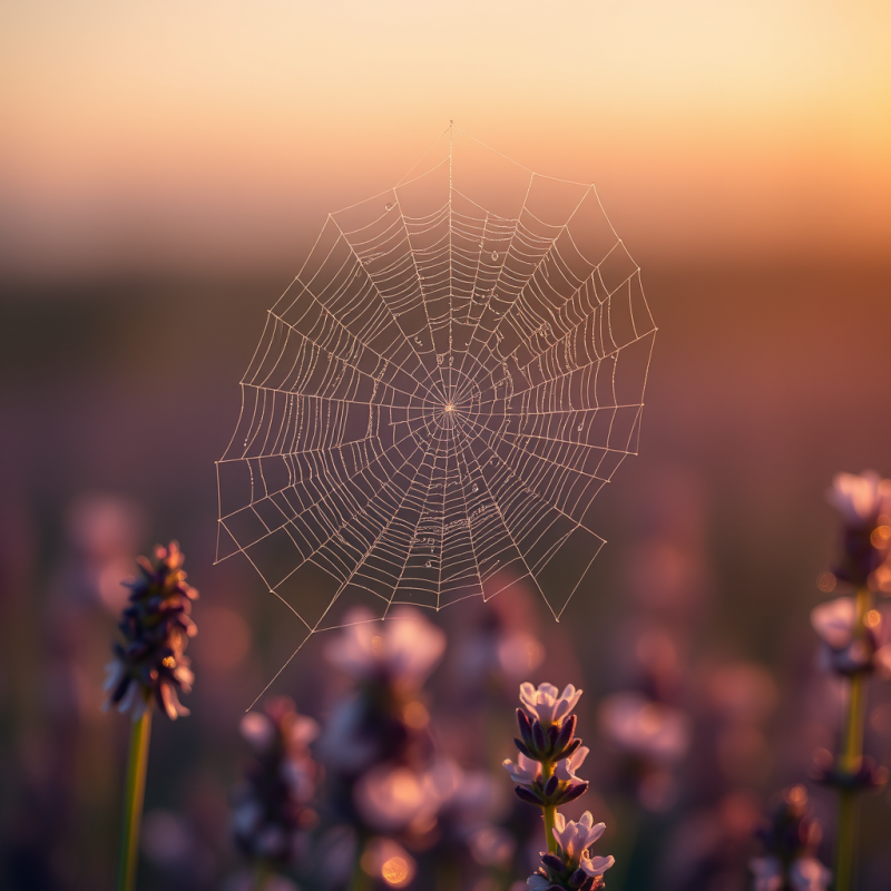 Close-up Macro Shot of Dew-drenched Spiderweb Glistenin...