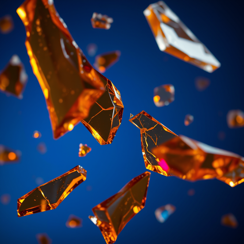 Close-up Macro Shot of Fractured Amber Glass Shards Suspe...