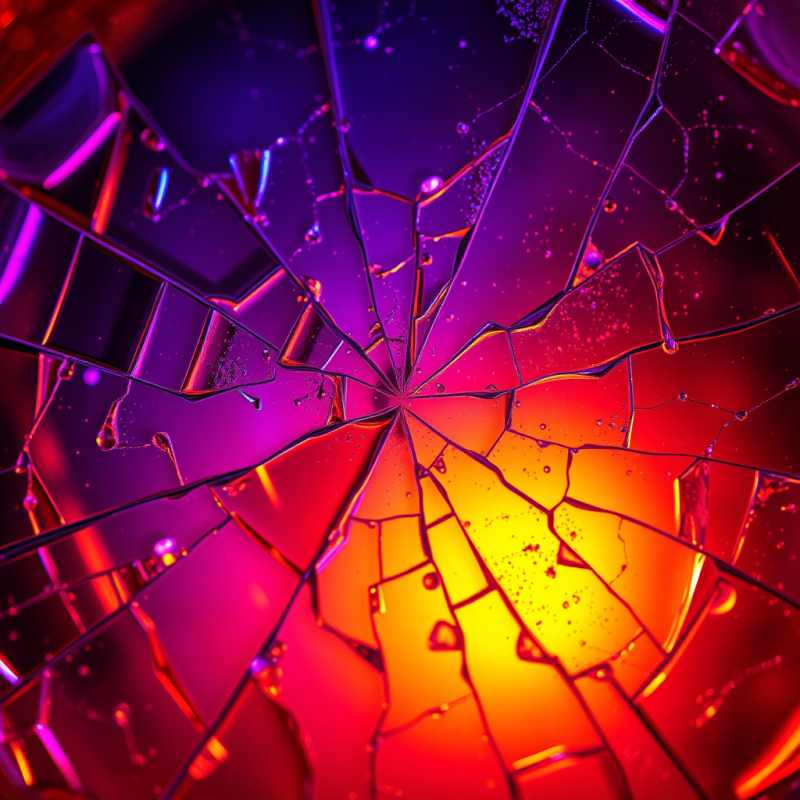 Close-up Macro Shot of Fractured Amber Glass Under Neon P...
