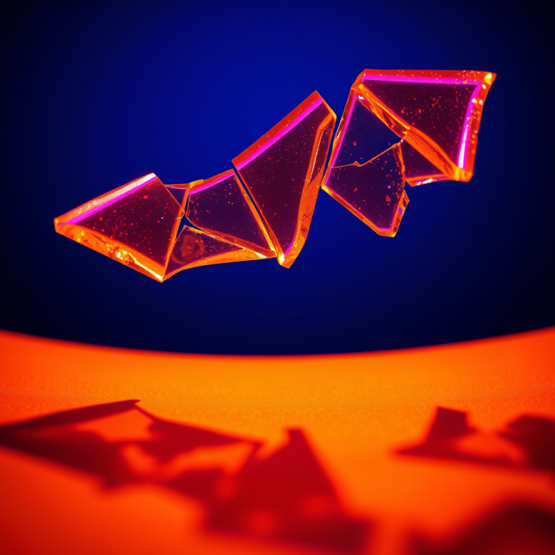 Close-up Macro Shot of Fractured Neon-orange Glass Shards...