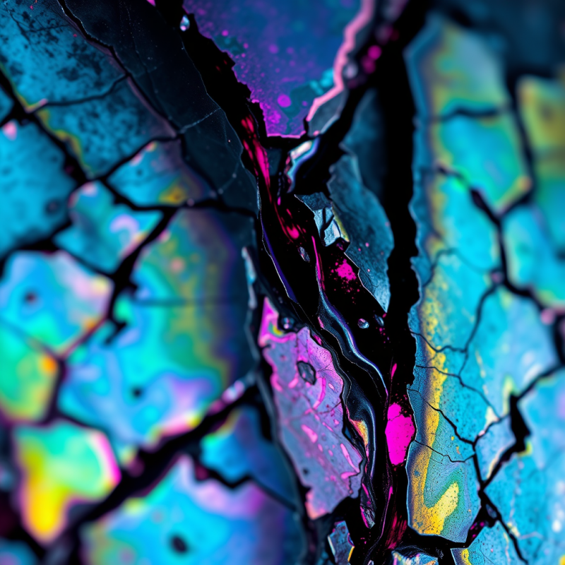 Close-up Macro Shot of Iridescent Mineral Veins Fracturin...