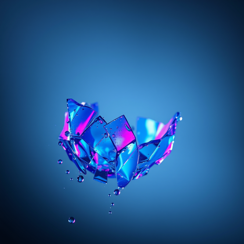 Close-up Macro Shot of Shattered Blue-tinted Glass Susp...