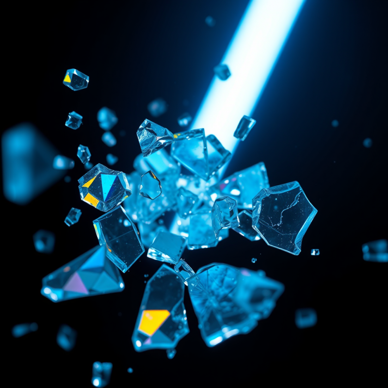 Close-up Macro Shot of Shattered Glass Fragments Suspen...