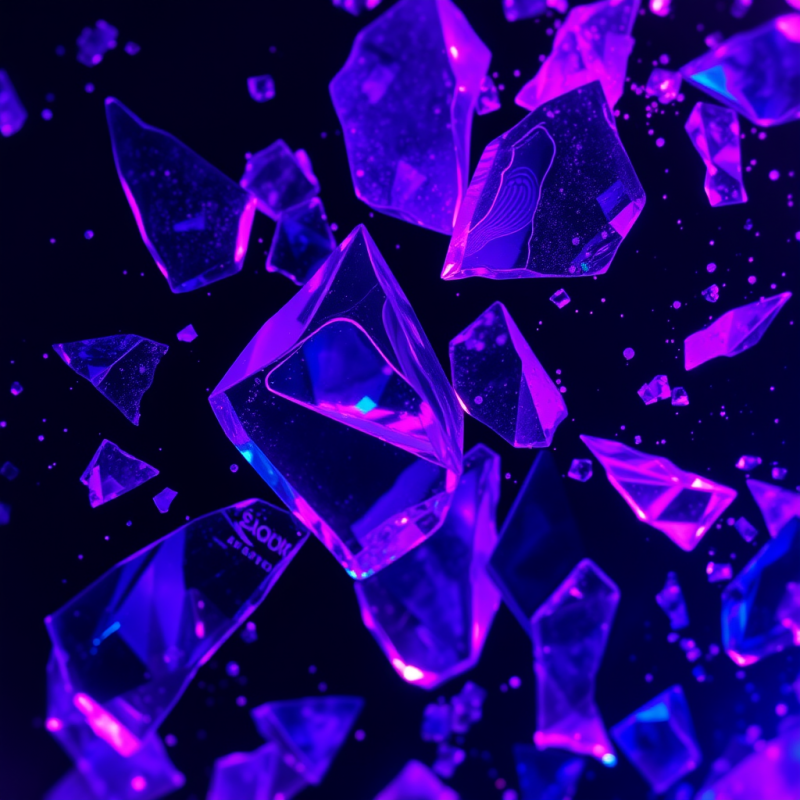 Close-up Macro Shot Of Shattered Neon-lit Glass Fragments...