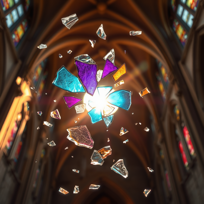 Close-up Macro Shot of Shattered Stained-glass Fragment...