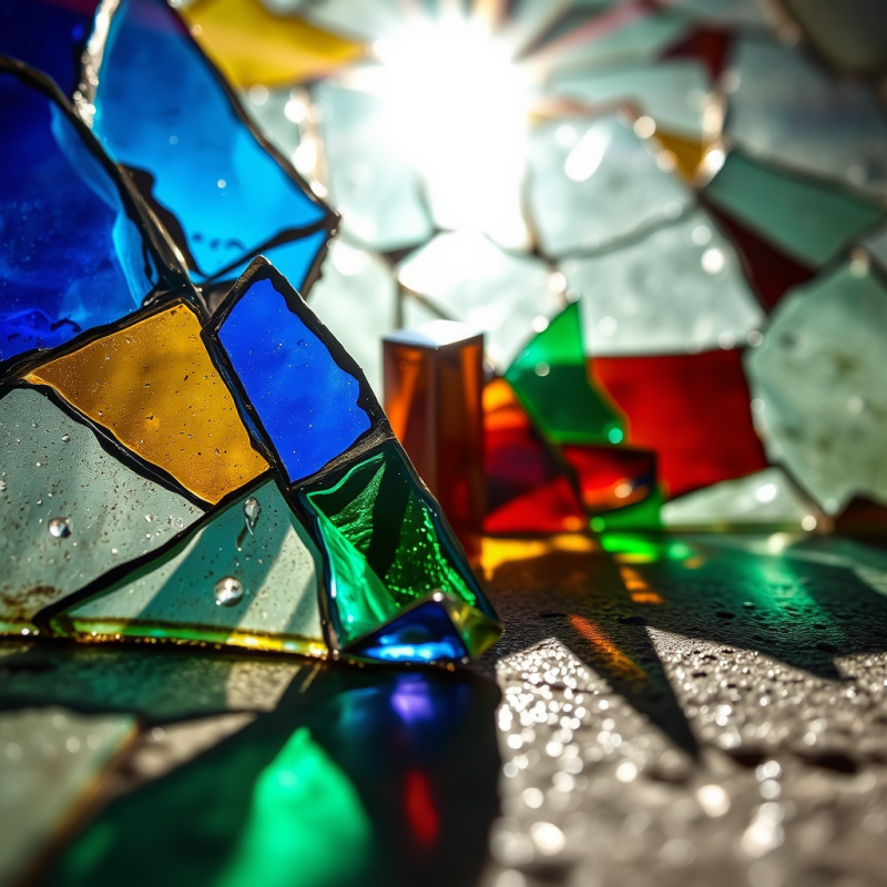 Close-up Macro Shot of Shattered Stained Glass Under Fr...