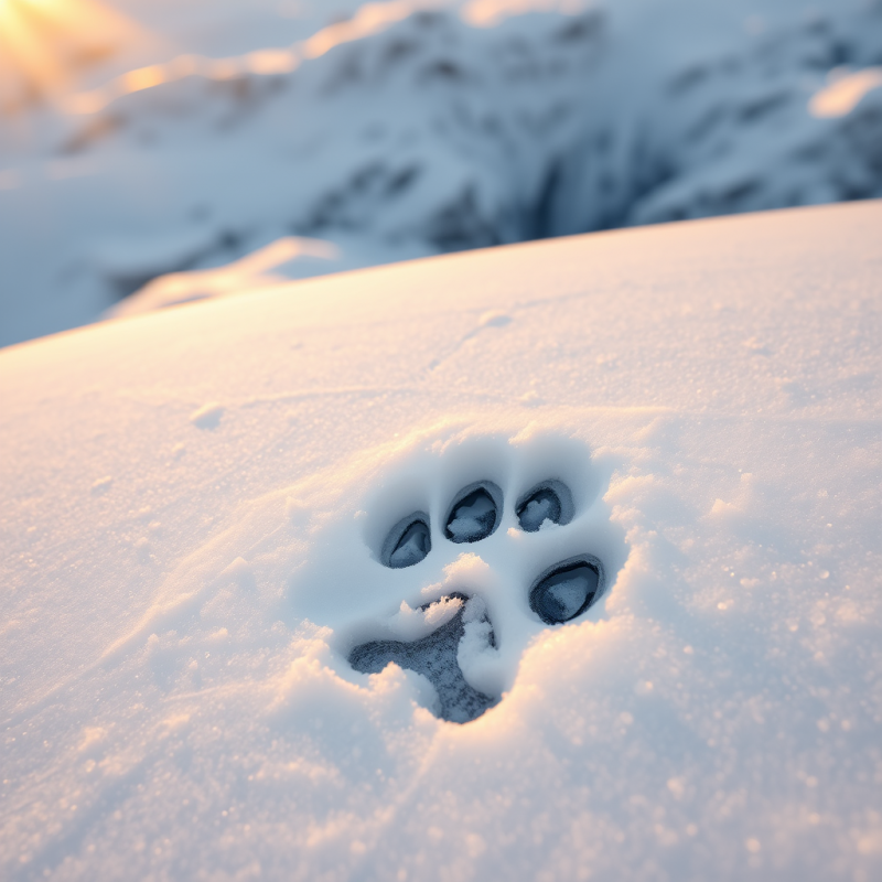 Close-up of a Dog's Paw Print in Fresh Snow, Bathed