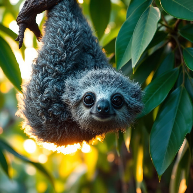 Close-up of a Fluffy Gray Sloth Hanging Upside Down