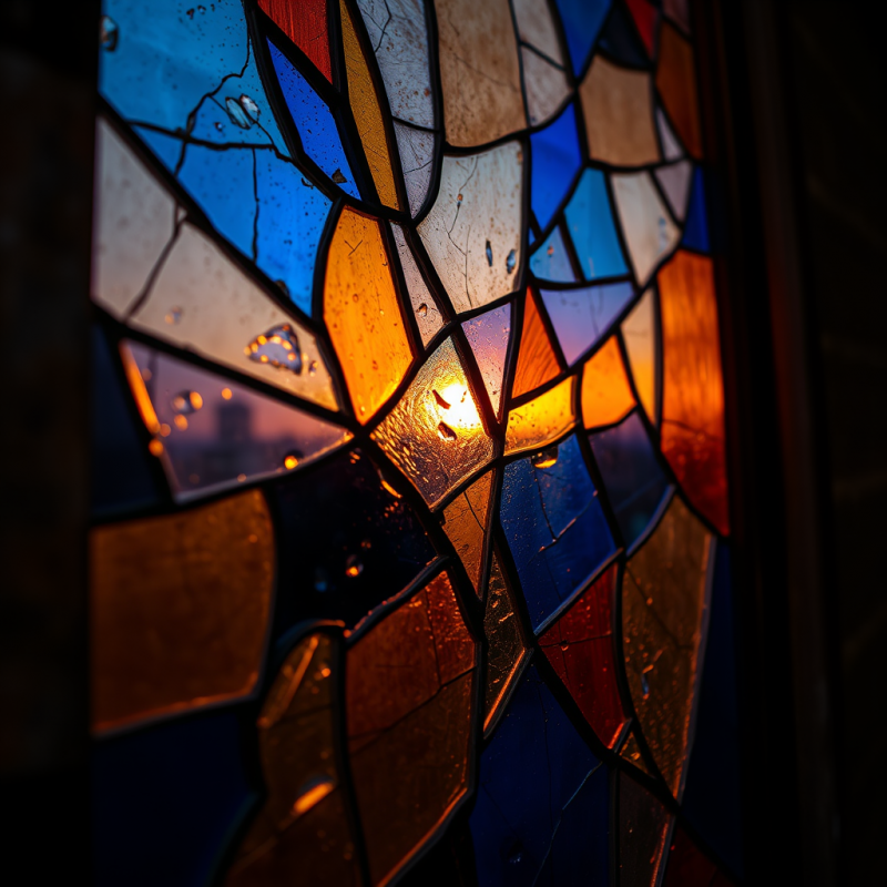 Close-up of a Fractured Stained-glass Window Under Neon T...