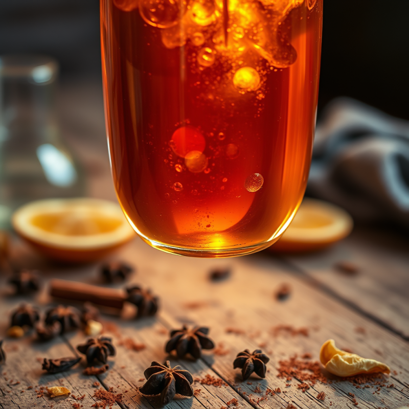 Close-up of a Glowing Amber Liquid in a Hand-blown Glass
