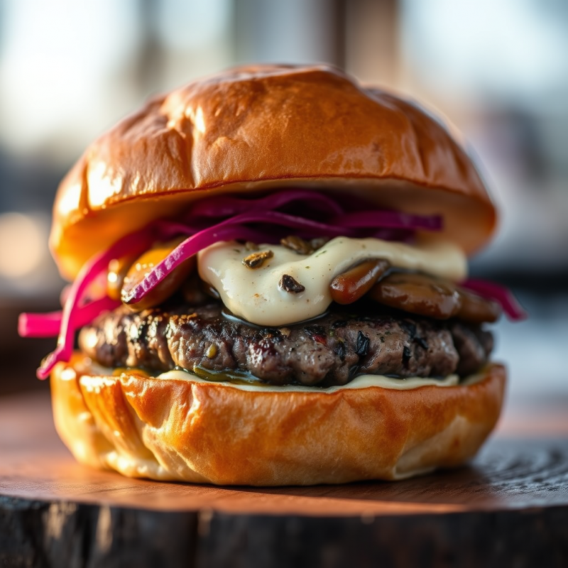 Close-up of a Juicy Burger with Melted Cheese,