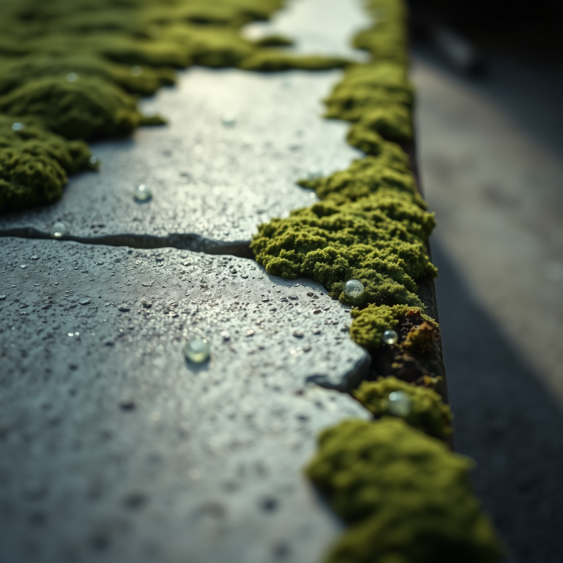 Close-up of a Moss-covered Concrete Slab Under Soft Morni...