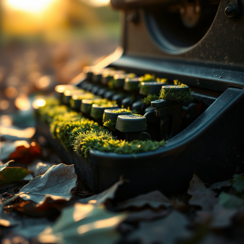Close-up of a Moss-covered Vintage Typewriter Key Nestled...