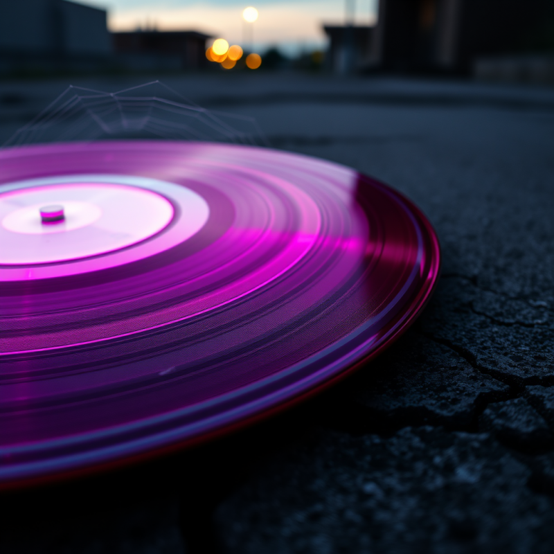 Close-up of a Neon-pink Glowing Vinyl Record Resting on A...