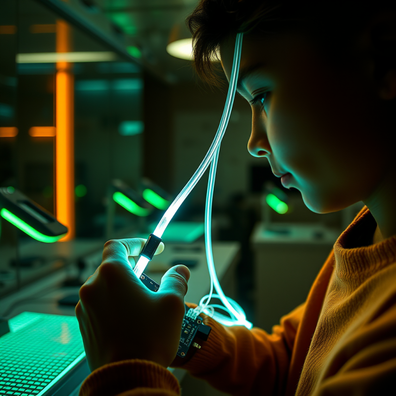 Close-up of a Student’s Hands Weaving a Glowing Fiber...