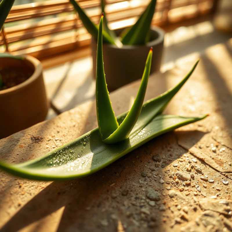 Close-up of a Vibrant Aloe Vera Leaf with Dew Drops,