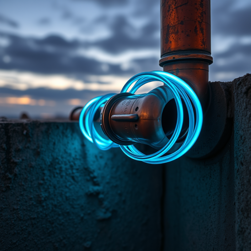 Close-up of a Weathered Copper Pipe Wrapped in Glowing Ne...