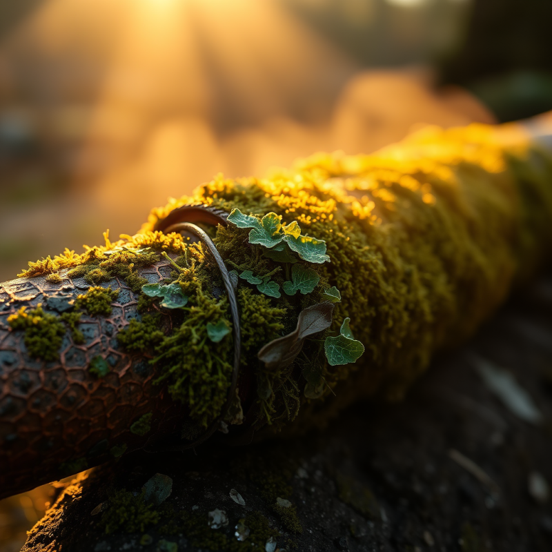 Close-up of a Weathered Copper Pipe Wrapped in Oxidized Moss