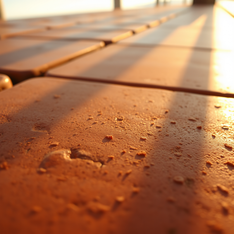 Close-up of a Weathered Terracotta Tile Surface Under Warm