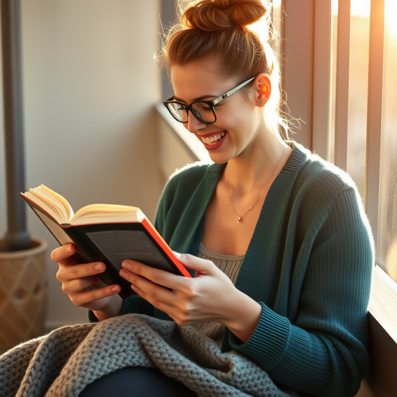 Close-up of a Woman with Glasses and a Teal Cardigan