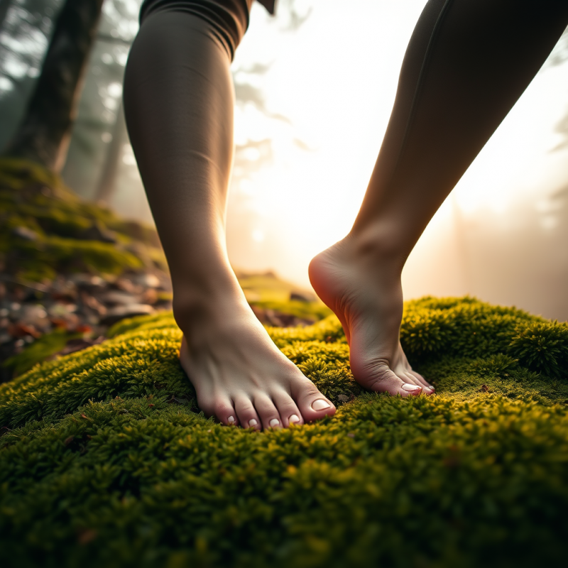 Close-up of Bare Feet Standing on Vibrant Green Moss