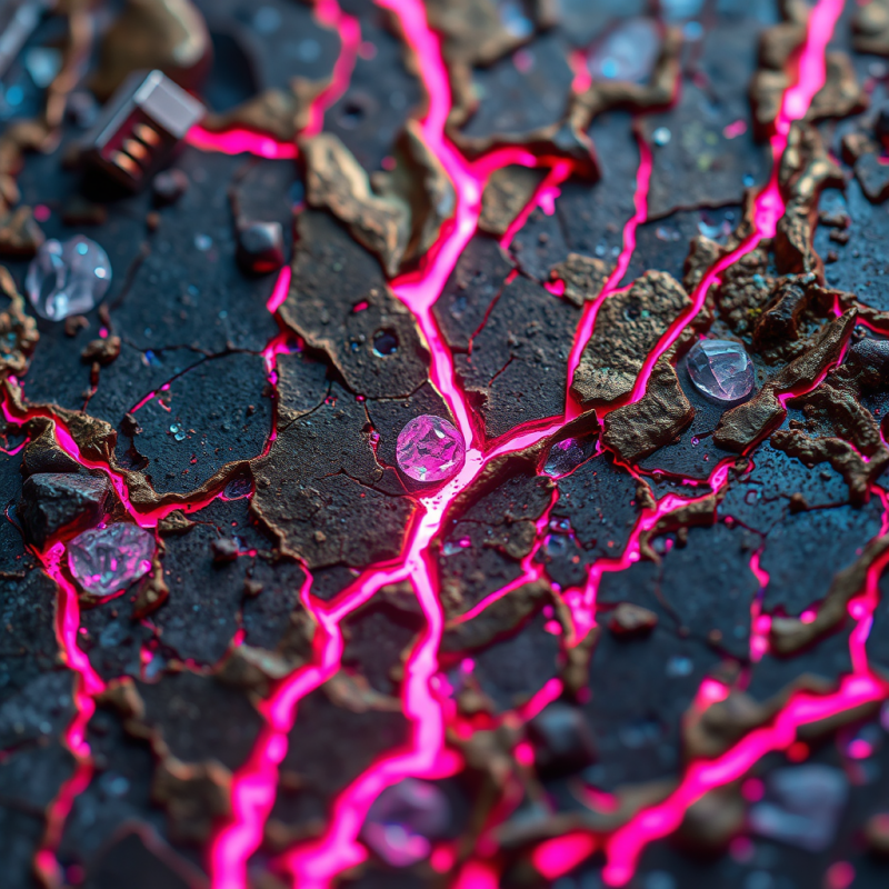 Close-up Of Corroded Copper Circuitry Fused With Crystall...