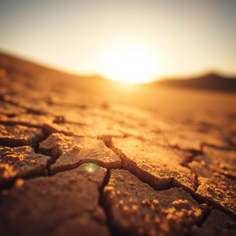 Close-up of Cracked Desert Earth Under Golden Hour Sunlight