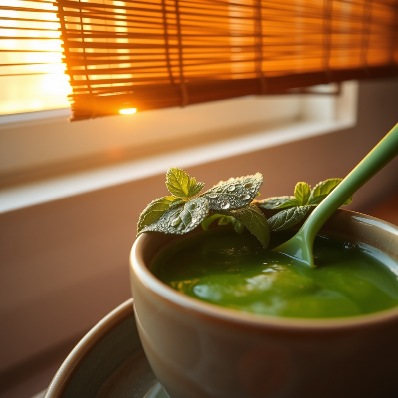 Close-up of Dew-covered Basil Leaves Resting Atop a Cer...