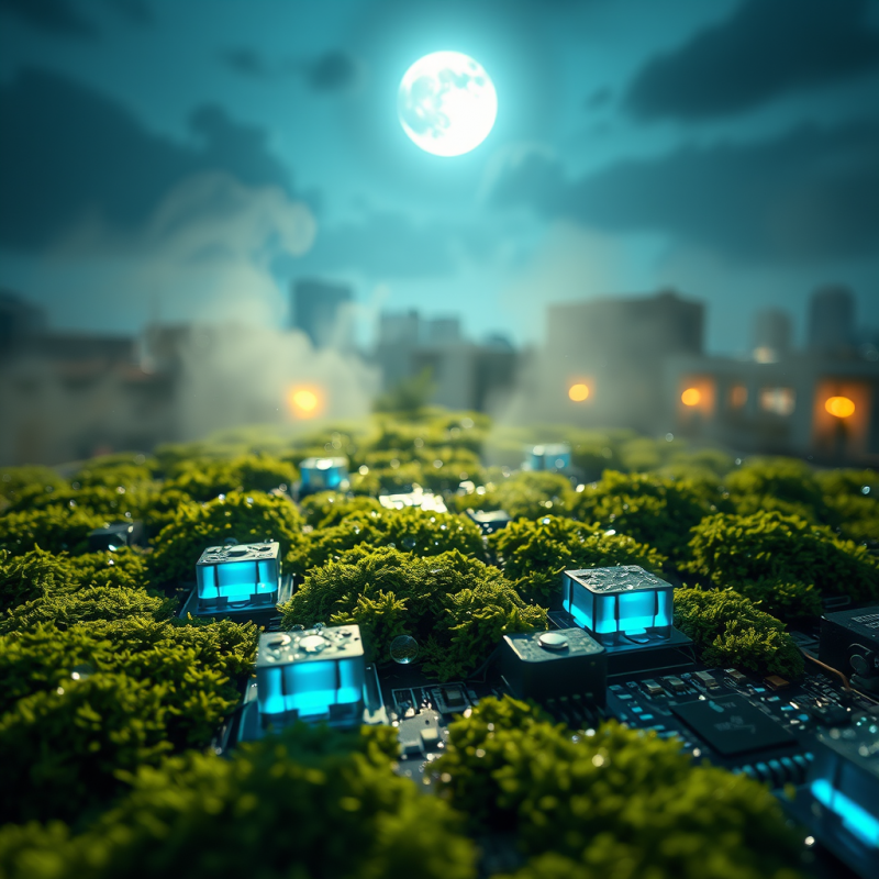 Close-up of Dew-covered Circuit Boards Under a Moonlit ...