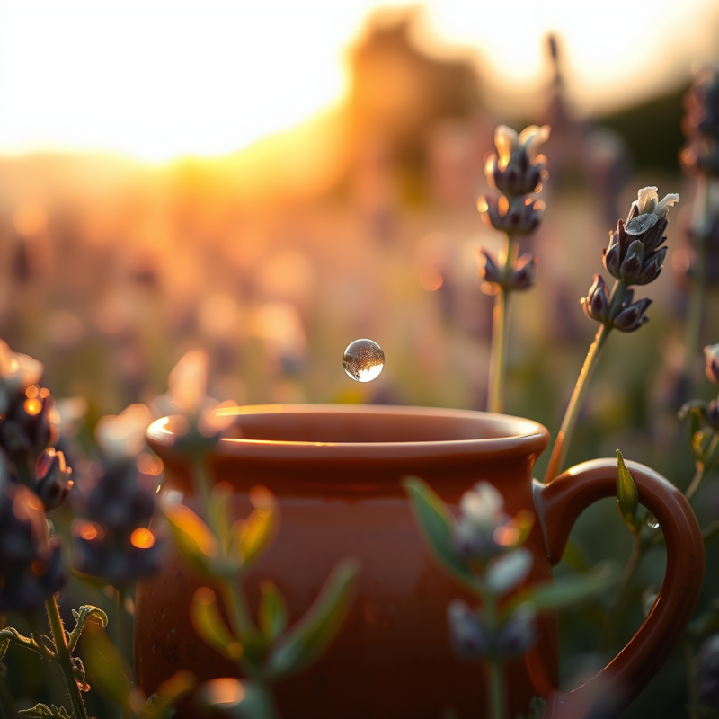 Close-up of Dew-covered Lavender Leaves Glowing Under G...