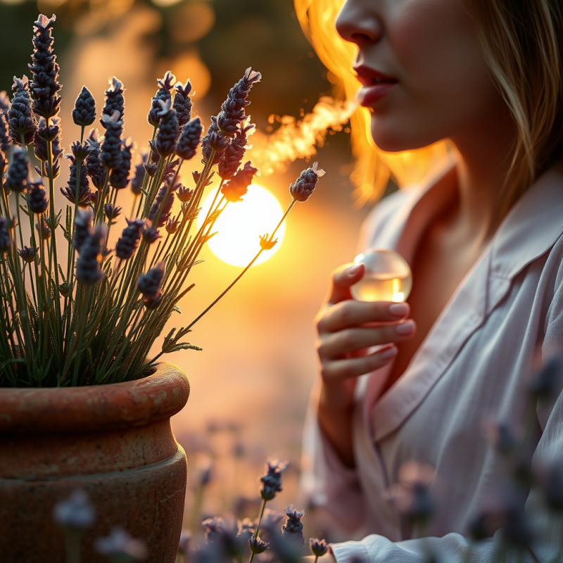Close-up of Dew-kissed Lavender Stems in a Rustic Clay Pot