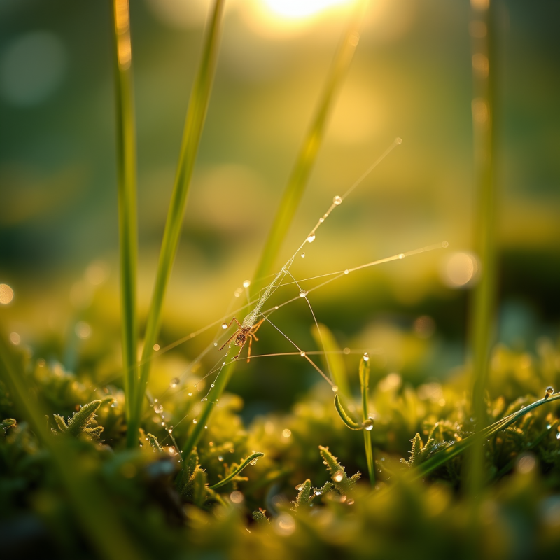 Close-up of Dew-kissed Spider Silk Strands Glistening U...