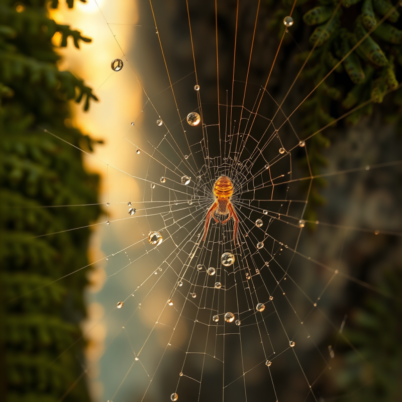 Close-up of Dew-laden Spider Silk Glistening Like Froze...