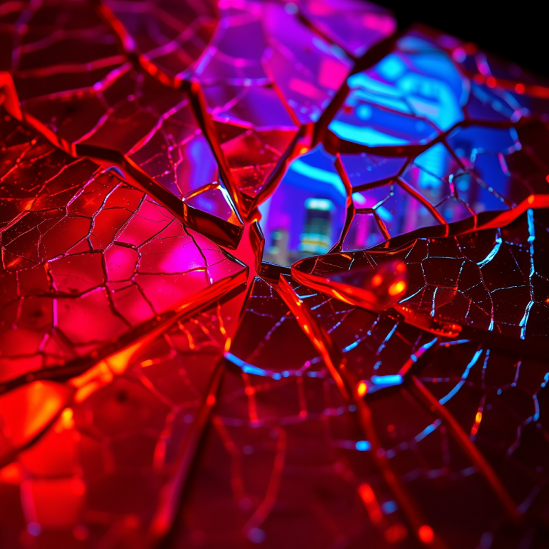 Close-up of Fractured Amber Glass Under Neon Magenta and ...