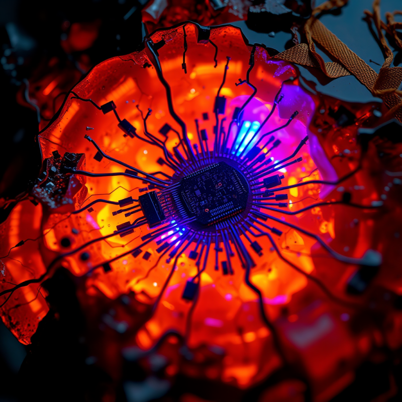 Close-up of Fractured Circuitry Embedded in Amber Resin