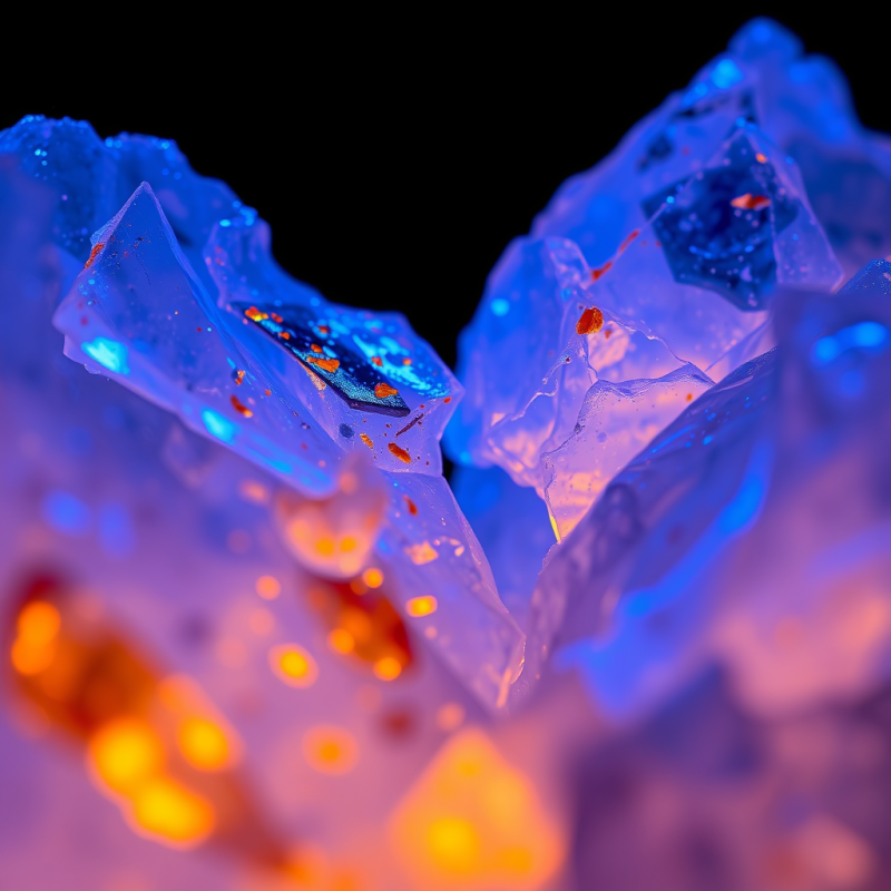 Close-up of Fractured Crystalline Ice Shards Under Neon-b...