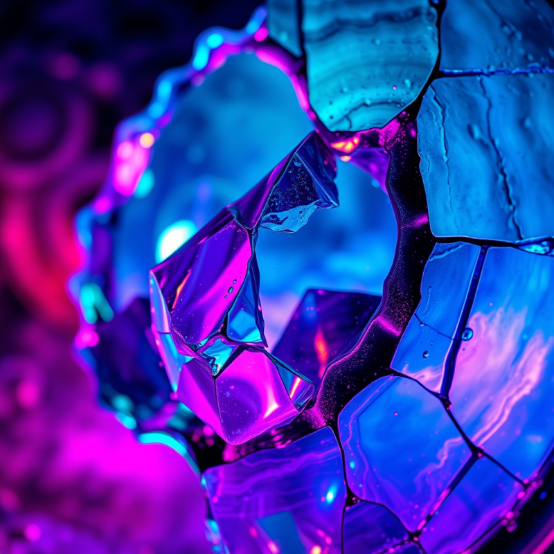 Close-up of Fractured Neon-glowing Liquid Mercury Trapp...