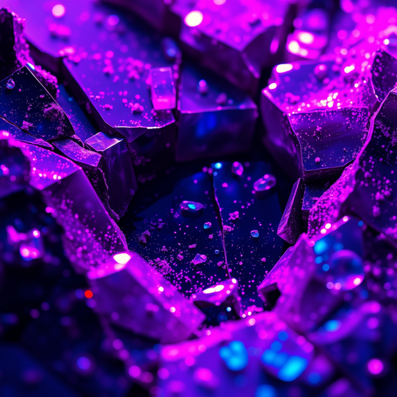 Close-up of Fractured Obsidian Glass Under Neon Magenta A...