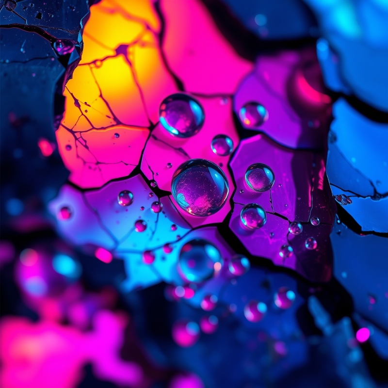 Close-up of Fractured Obsidian Glass Under Neon Magenta A...