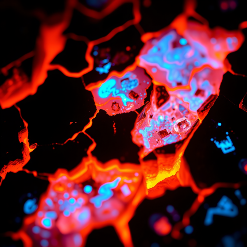 Close-up of Fractured Obsidian Shards Glowing Under Neon-...