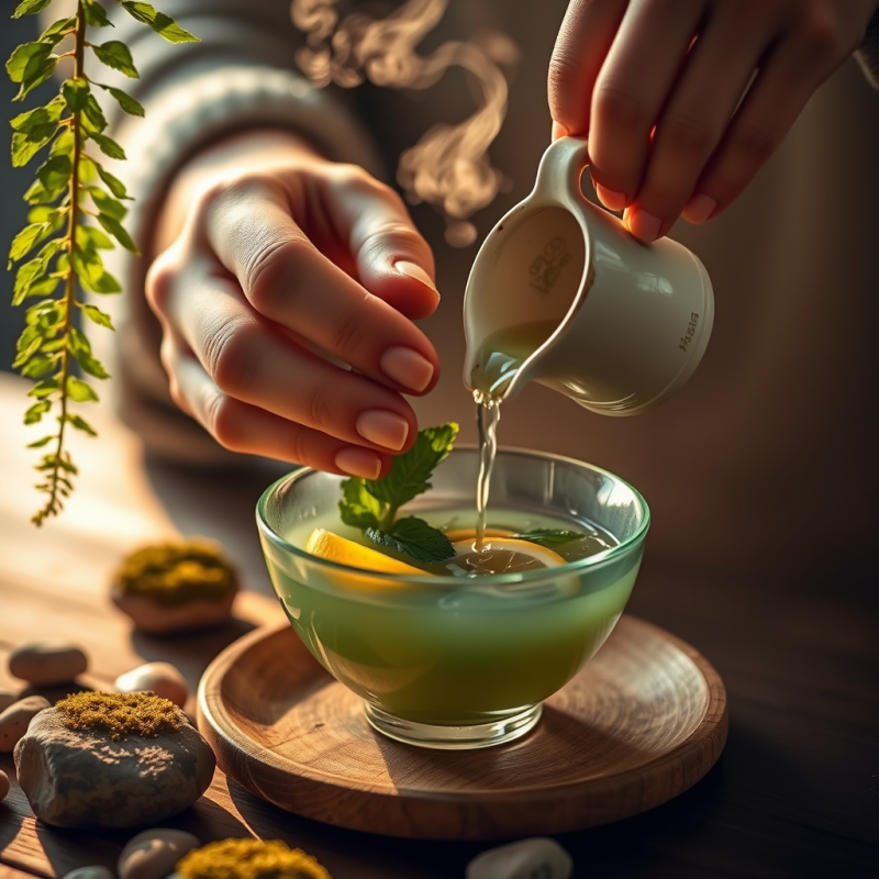 Close-up of Hands Pouring Warm Herbal Tea Into a