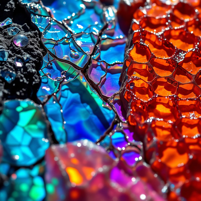 Close-up of Iridescent Mineral Veins Cracking Through Vol...